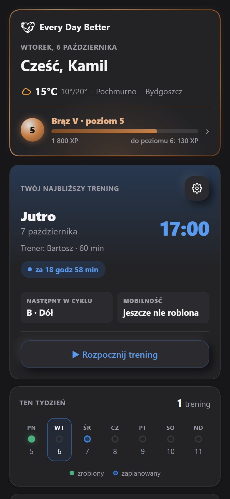 Pulpit aplikacji: najbliższy trening z trenerem, godzina i odliczanie