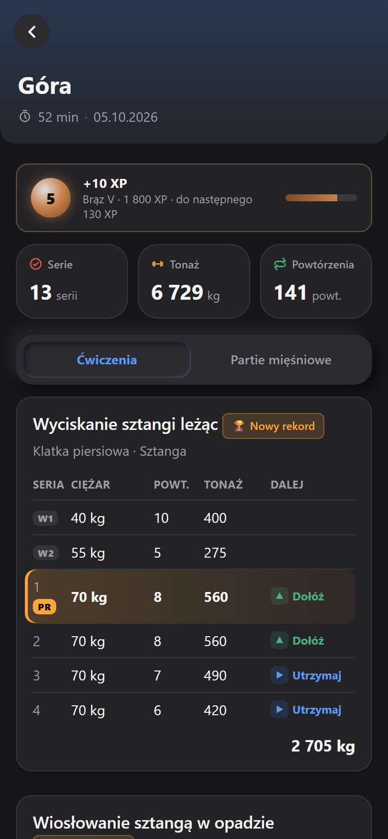 Podsumowanie treningu: rekordy i wskazówka, co dalej w każdej serii